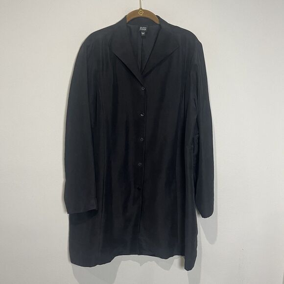 Eileen Fisher Jacket Women’s Large Black Silk Button Up Minimalist Lagenlook - Picture 1 of 6